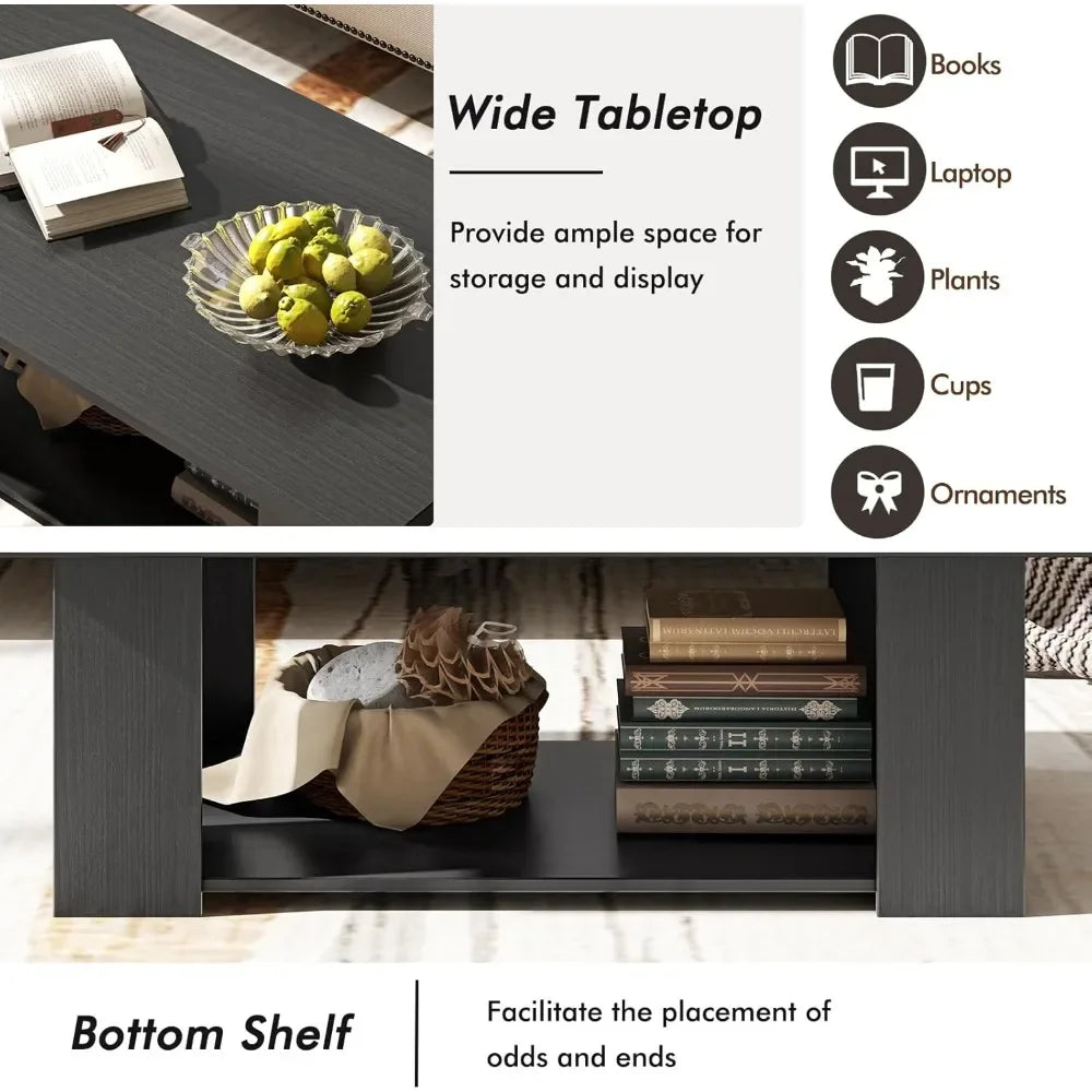 Two Tier Coffee Table Modern Rectangular Center Wooden Cocktail Table