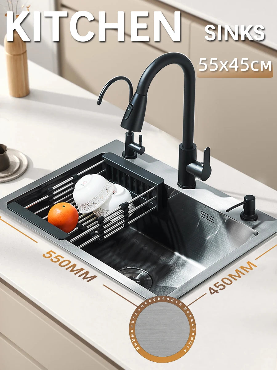 Quyanre Kitchen Sink With Retractable Faucet Soap Dispenser Water Tap