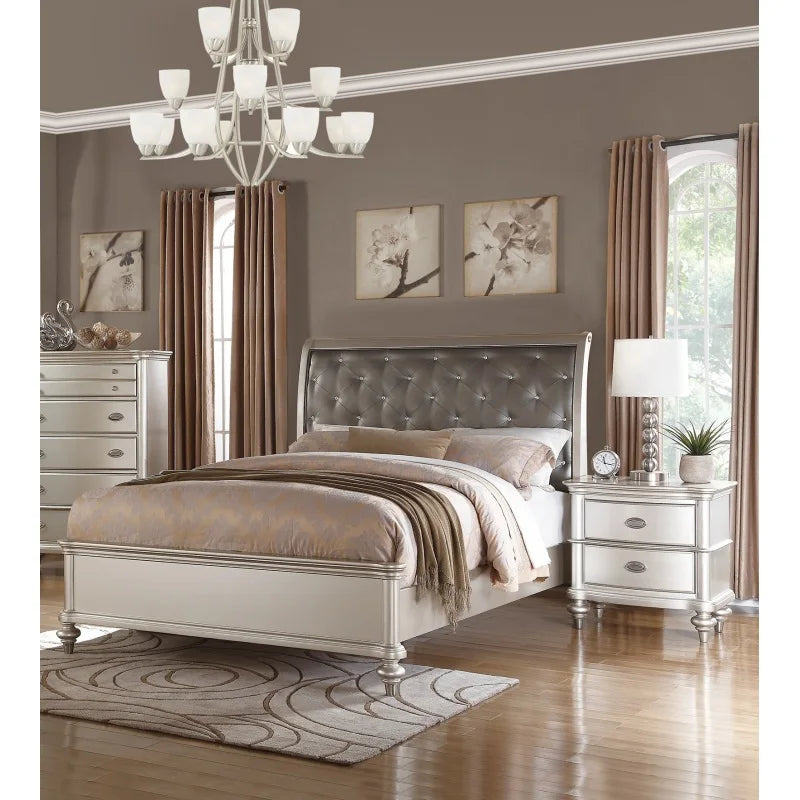 Glamorous 3 Piece Bedroom Set Tufted Headboard With Two Nightstands