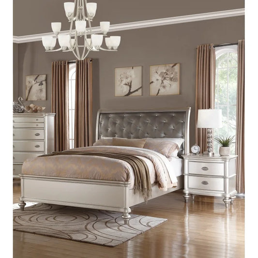 Glamorous 3 Piece Bedroom Set Tufted Headboard With Two Nightstands