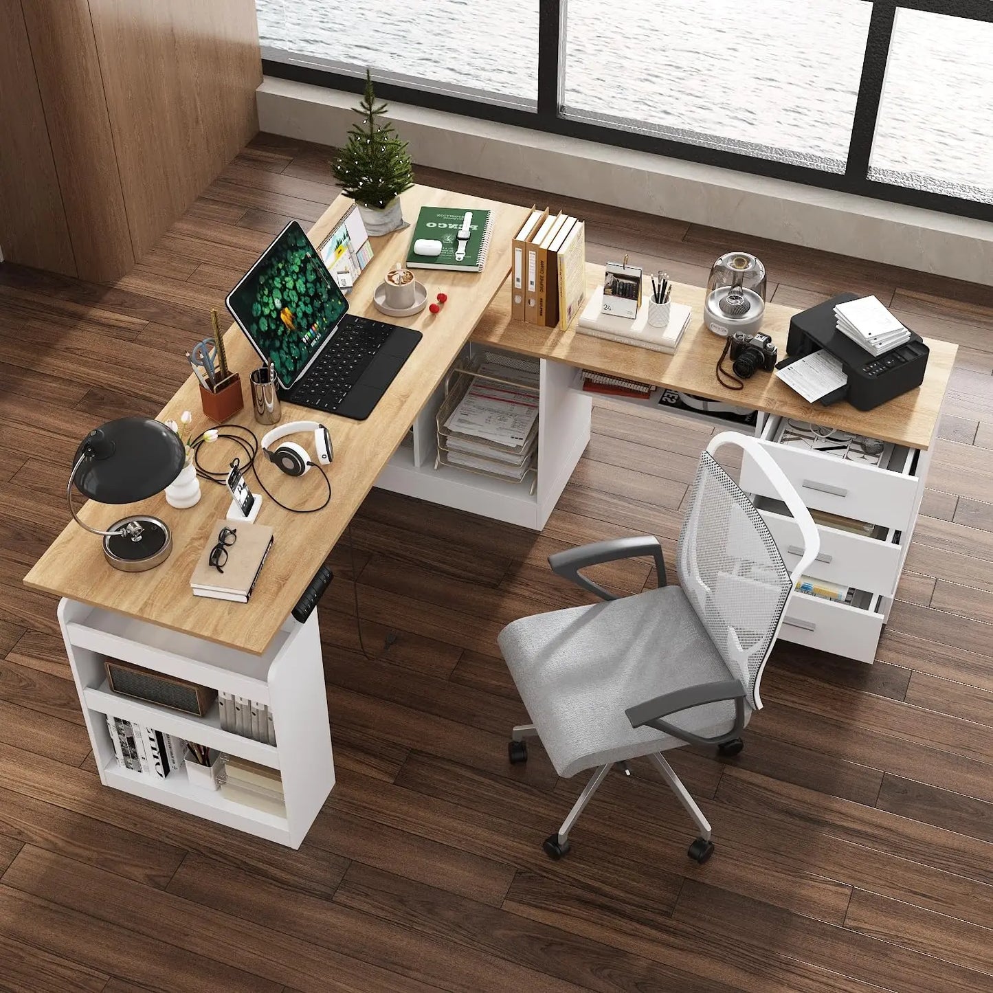 NONEDesk L Shaped Standing Desk With Drawers And Shelves