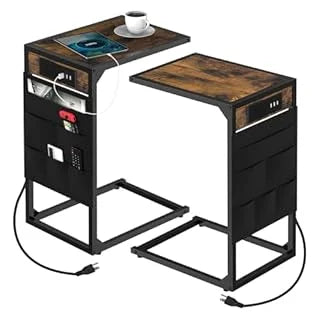 Hign Concerned C Shaped End Table With Charging Station And Storage 2 Piece Metal Frame Living Room And Bedroom