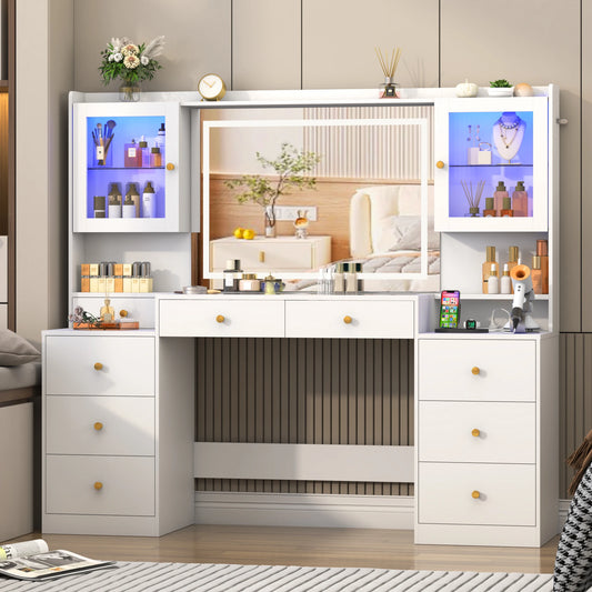 QiaoShiRen Vanity Desk With Mirror Lights And Charging Station