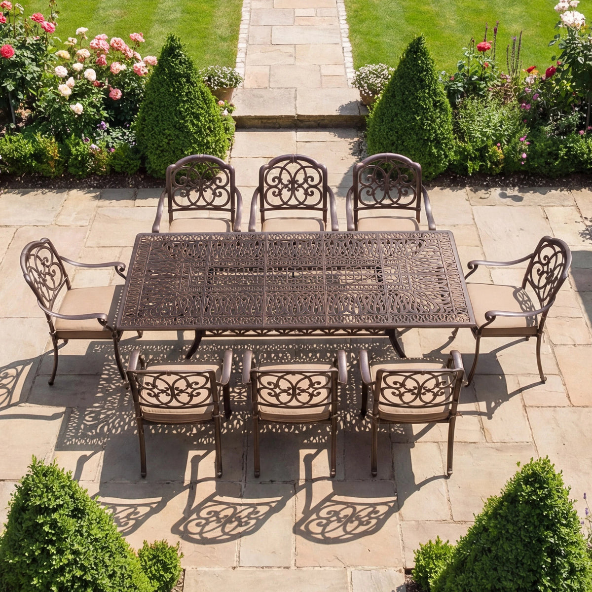 Cast Aluminum Outdoor Patio Dining Set Featuring Umbrella Hole