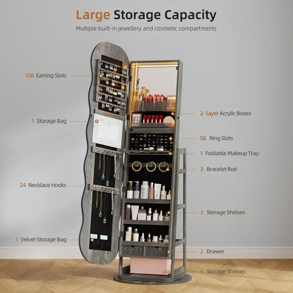 360° Rotating Jewelry Cabinet with Light, LED Jewelry Storage Box with Full-length Mirror, Lockable Wavy Mirror Jewelry Cabinet