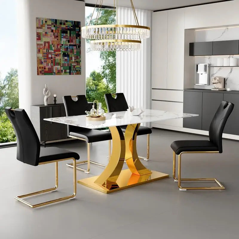 Marble Patterned Pressed Glass Dining Table Set With Gold Accent