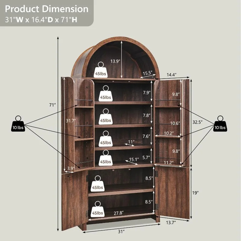 Arched Pantry Cabinet With 3 Adjustable Shelves And 6 Shelves