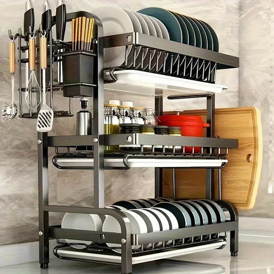 Three-Tier Dish Rack Space-Saving Utensil Holder for Kitchen
