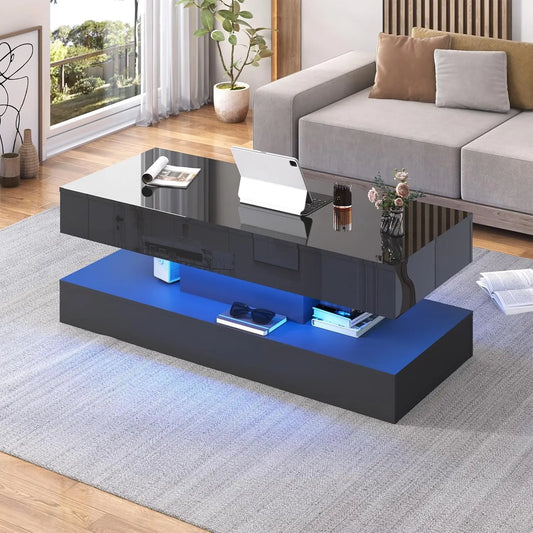 QiaoShiRen Modern Coffee Table With LED Lights And Drawers