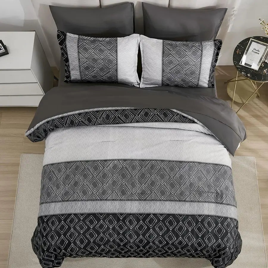 Queen Comforter Set Dark Gray Boho,Soft 7 Piece Bed in a Bag Queen Size Black Bedding Sets Striped Comforters with Plaid Bed Set