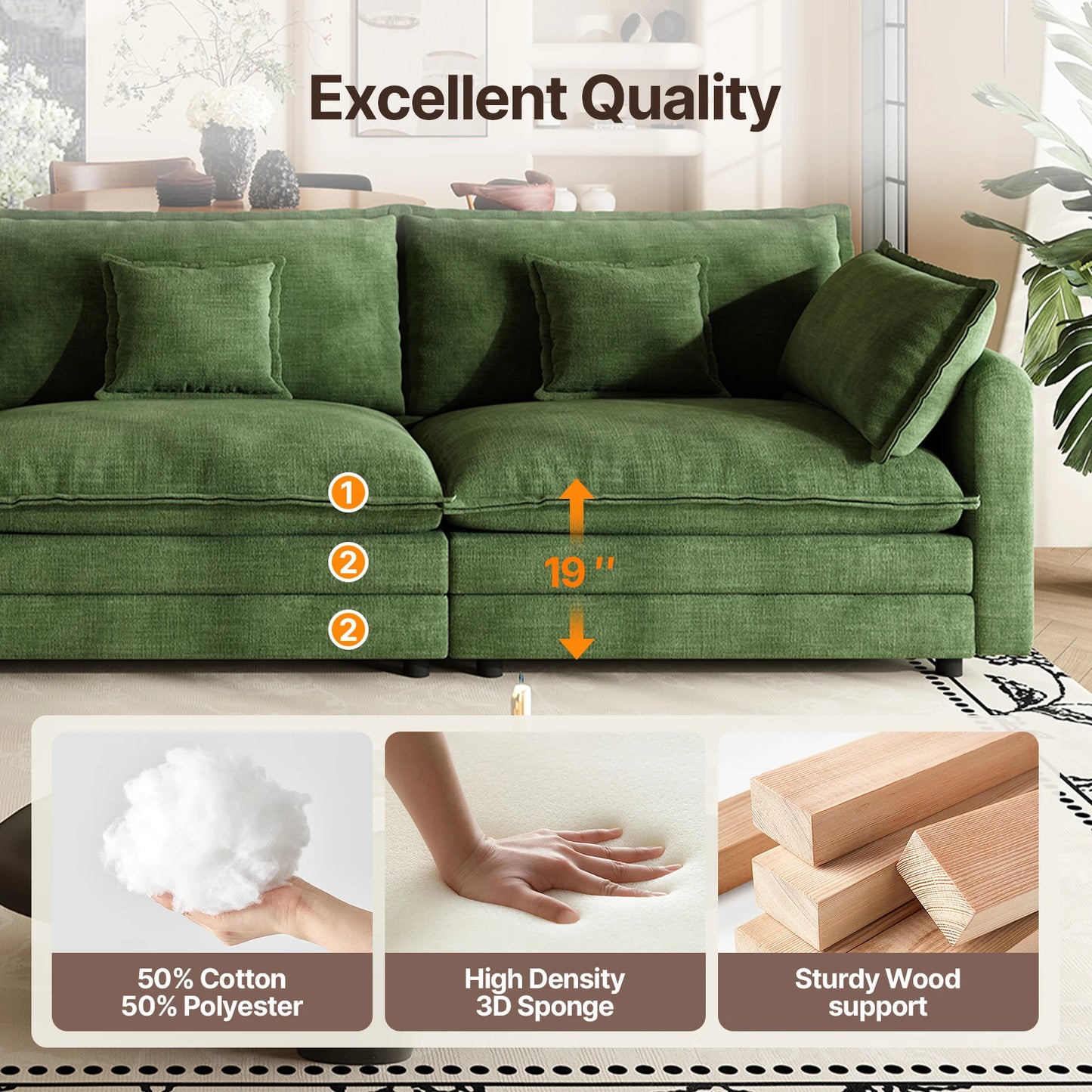 QWCCN L Shaped Modern Sofa Sectional Cloud Couch With Ottoman