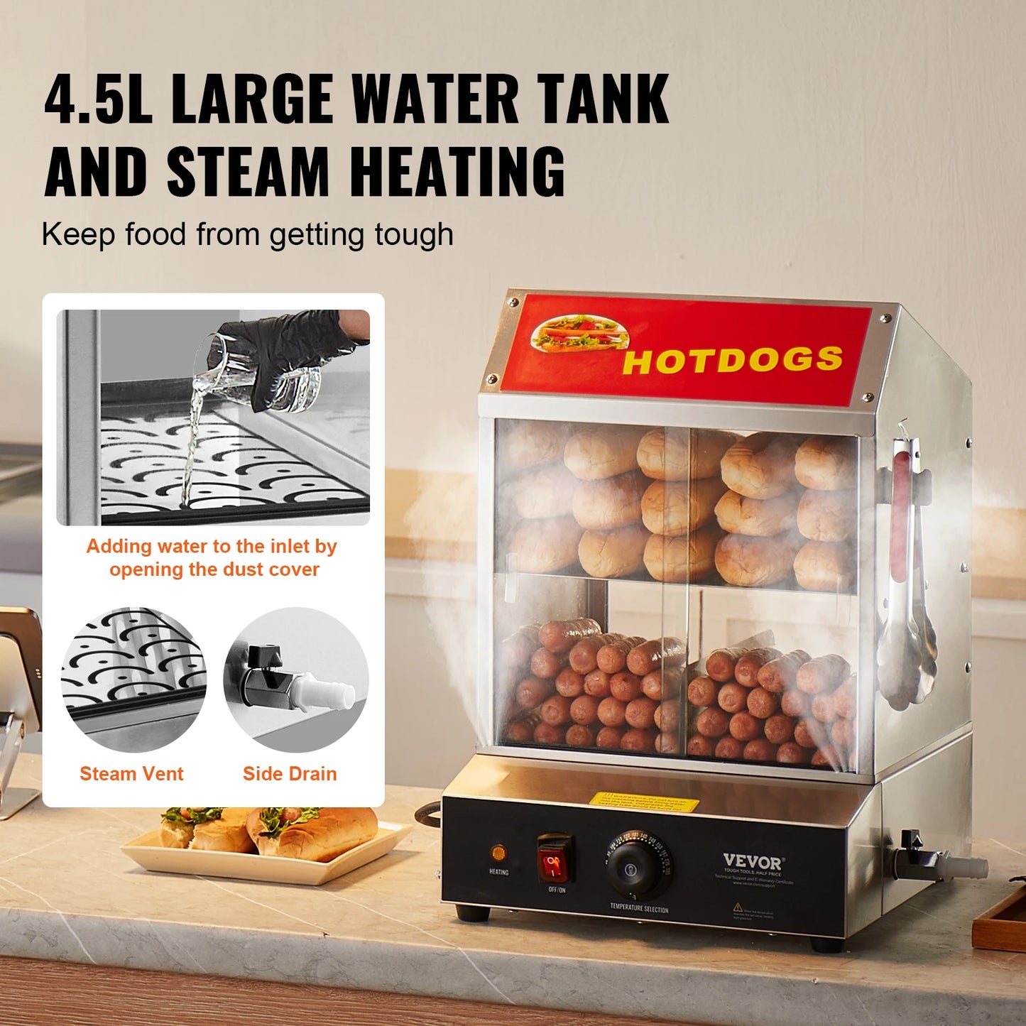 VEVOR Hot Dog Steamer With Temperature Control Bun Warmer
