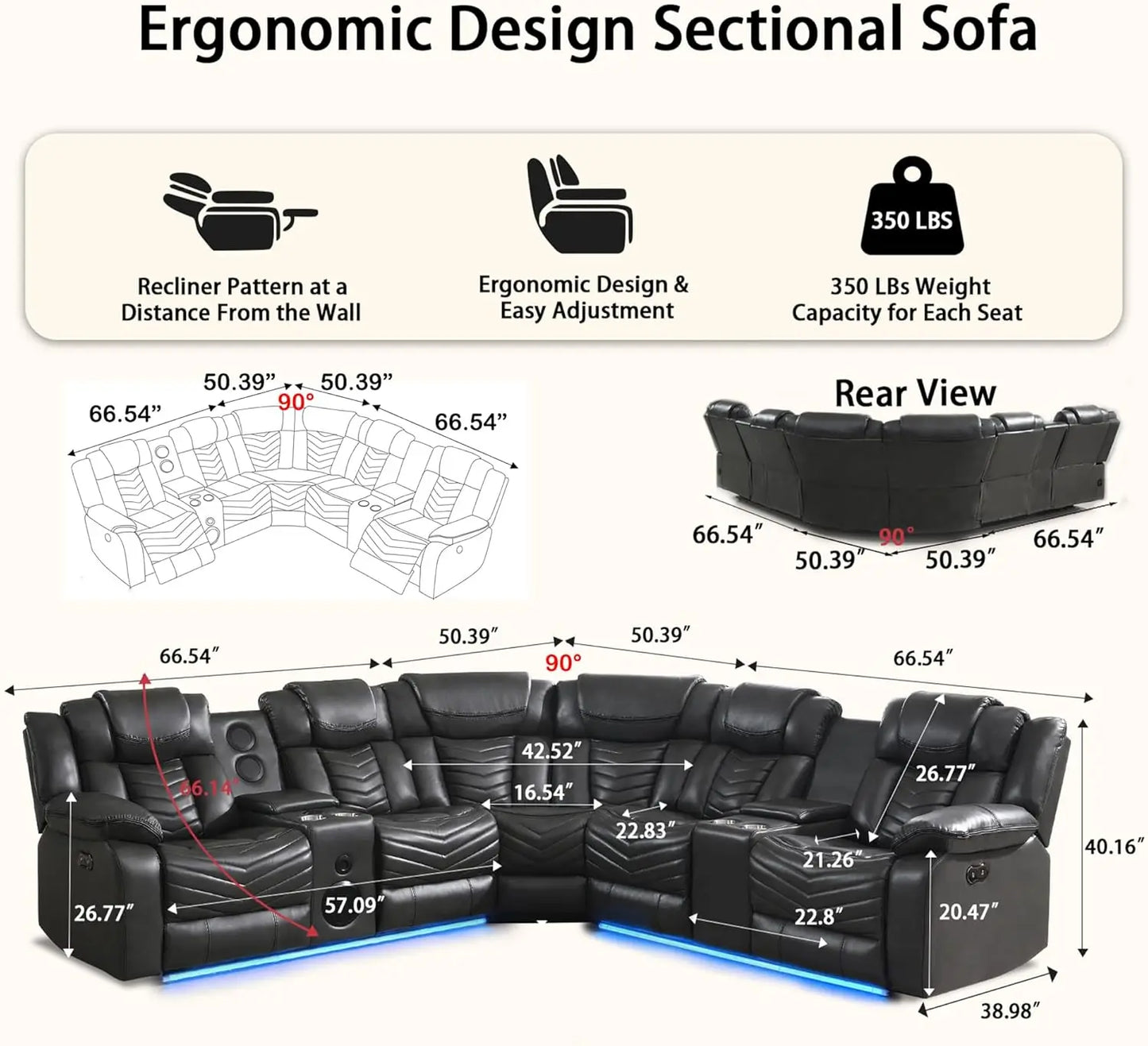 Power Recliner Genuine Leather Corner Sofa LED USB Bluetooth Storage