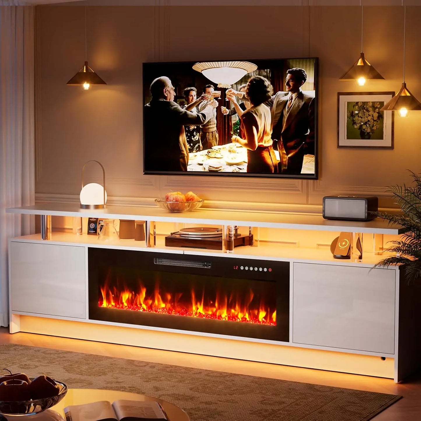 Guangbai Modern Fireplace TV Stand with LED Lights and Storage