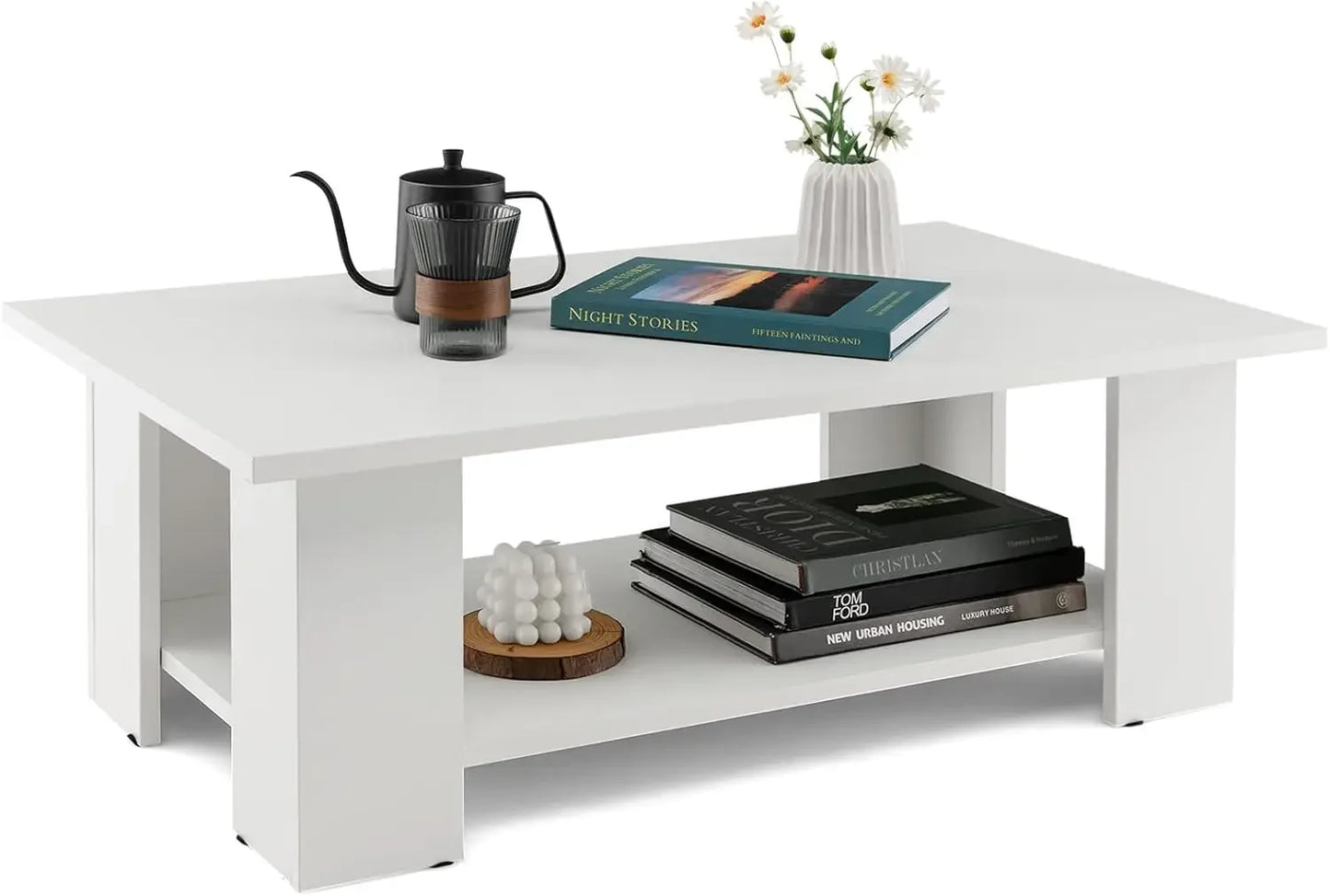 Two Tier Coffee Table Modern Rectangular Center Wooden Cocktail Table
