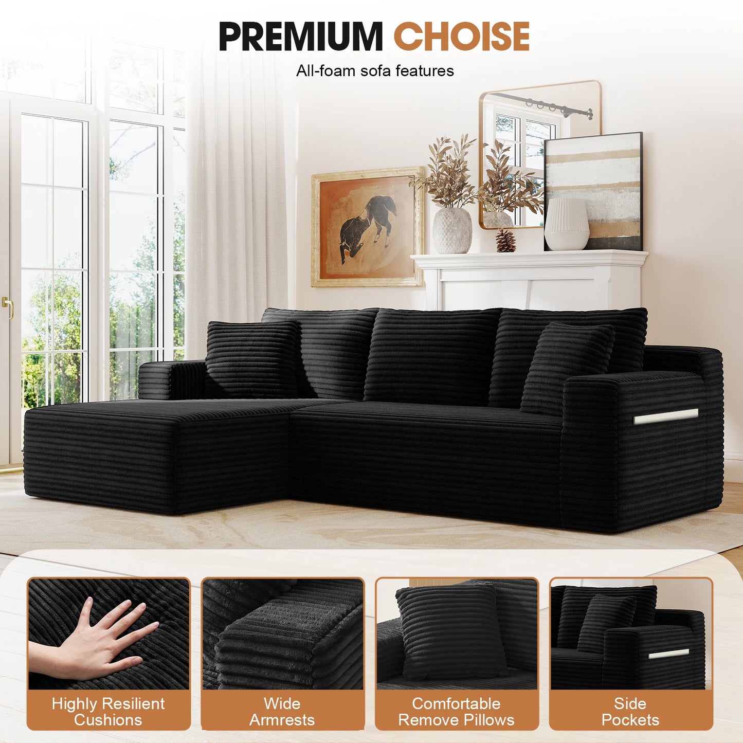 Cloud Modular Corduroy Sectional Sofa With L Shaped Chaise