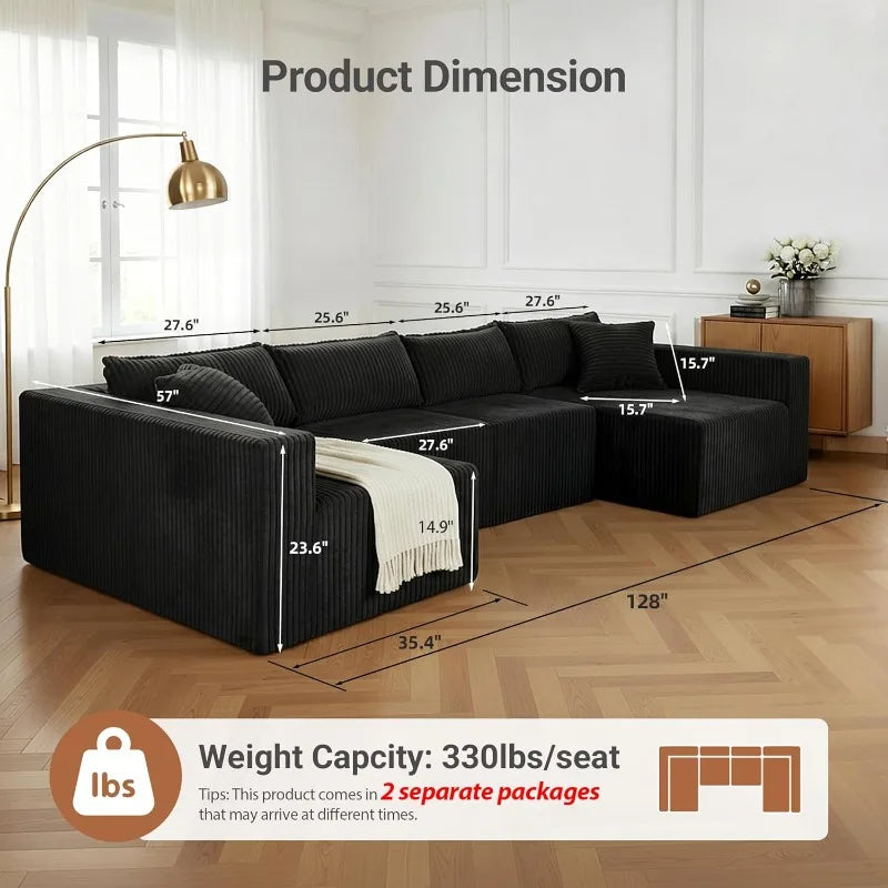 U Shaped Modular Sectional Sofa Corduroy Fabric Couch Double Chaise