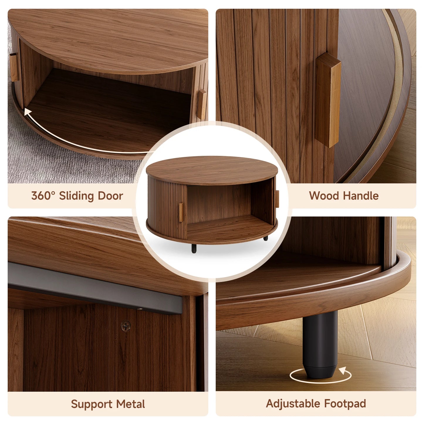 Round Coffee Table With Storage Fluted Wood Accent