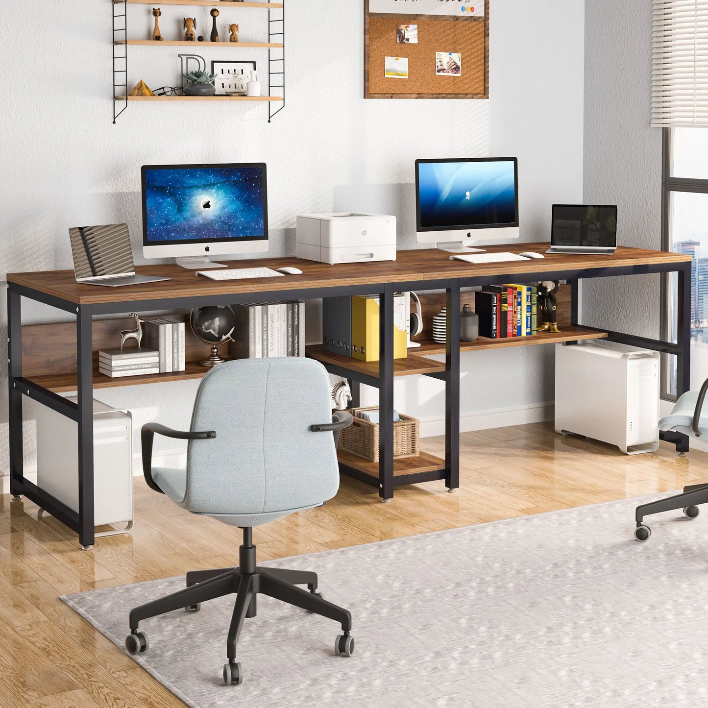 Tribesigns Two Person Desk With Bookshelf For Home Office Rustic