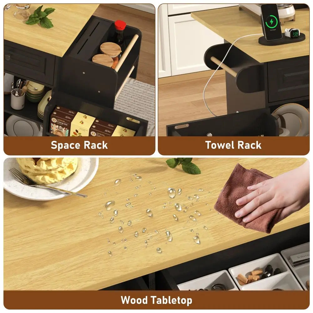 Rolling Kitchen Island With Power Outlet And Hidden Trash Cabinet