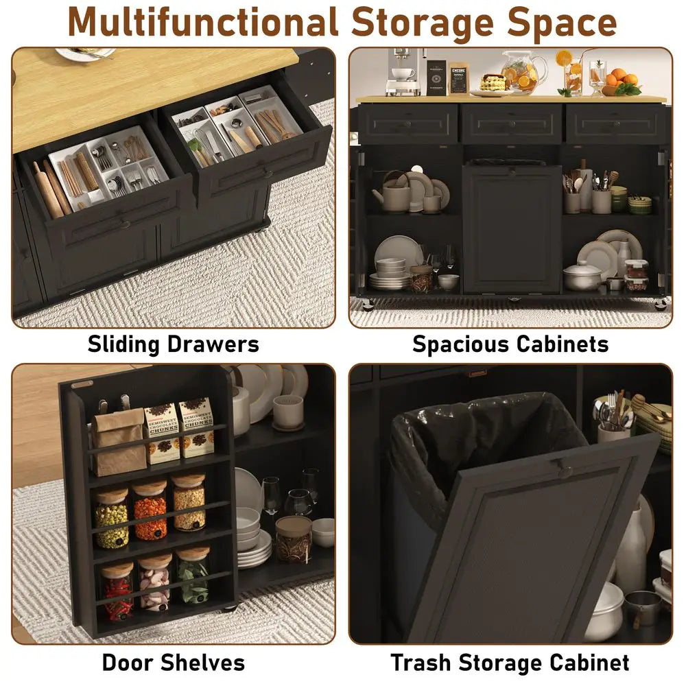 Rolling Kitchen Island With Power Outlet And Hidden Trash Cabinet