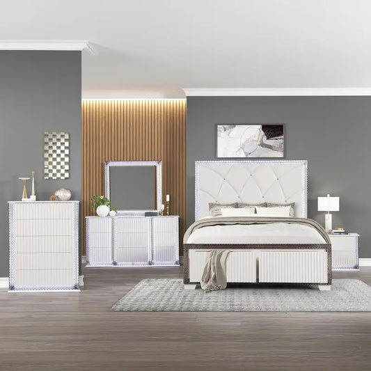Contemporary 5 Piece Bedroom Set With Diamond Accents LED Lighting