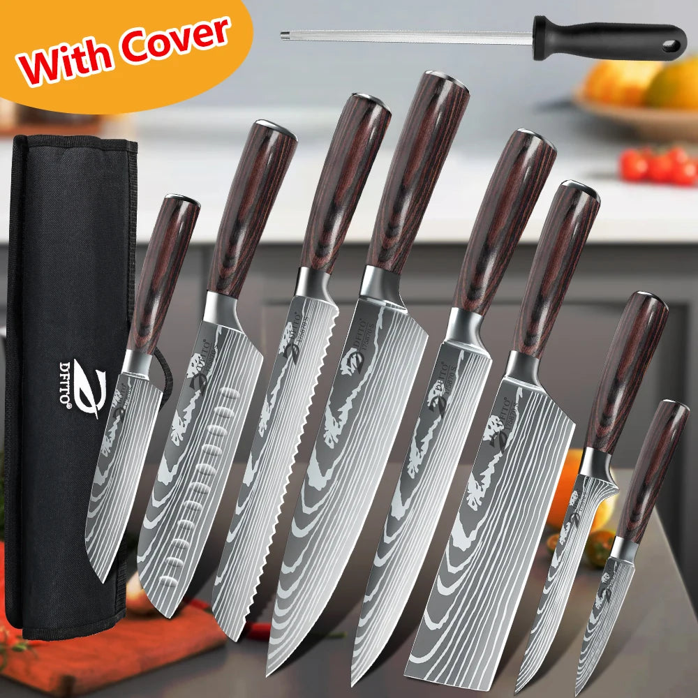 Kitchen Knife Set Stainless Steel Santoku Cleaver With Nylon Bag