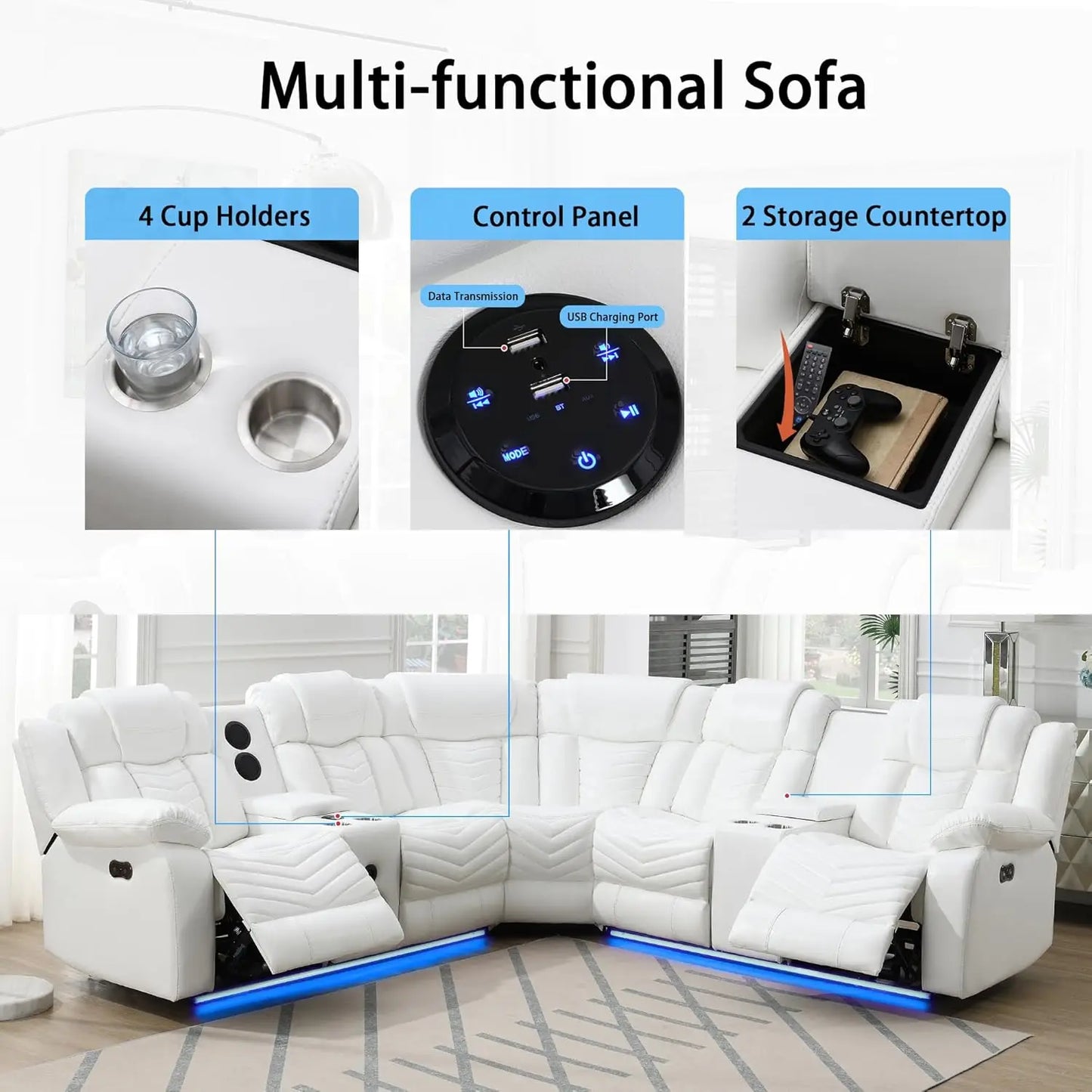 Power Recliner Genuine Leather Corner Sofa LED USB Bluetooth Storage