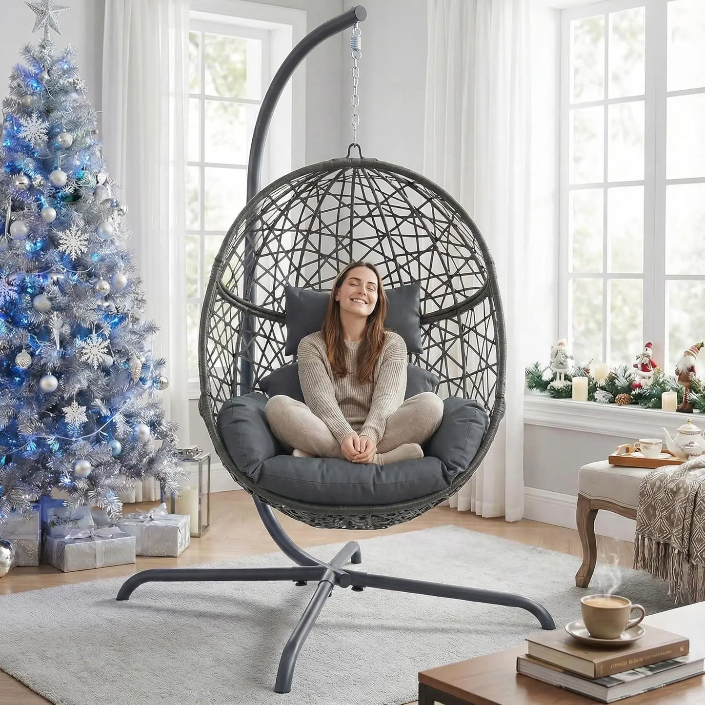 Swing Egg Chair With Stand Bird Cage Patio Hanging Cushion All Weather 350 Lbs