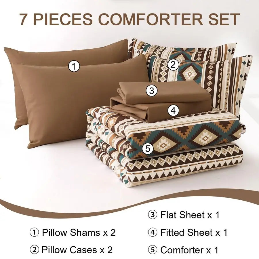 Brown Boho Comforter Set Queen Size,7 Pieces Bed in a Bag Queen Coffee Aztec Bedding Sets with Sheets Bohemian Geometric Striped