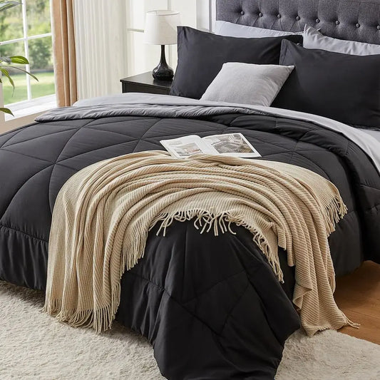 King Size Comforter Set 7 Pieces Bed in A Bag Soft Microfiber Reversible Black Bed Set with Comforters, Sheets, Pillowcases amp