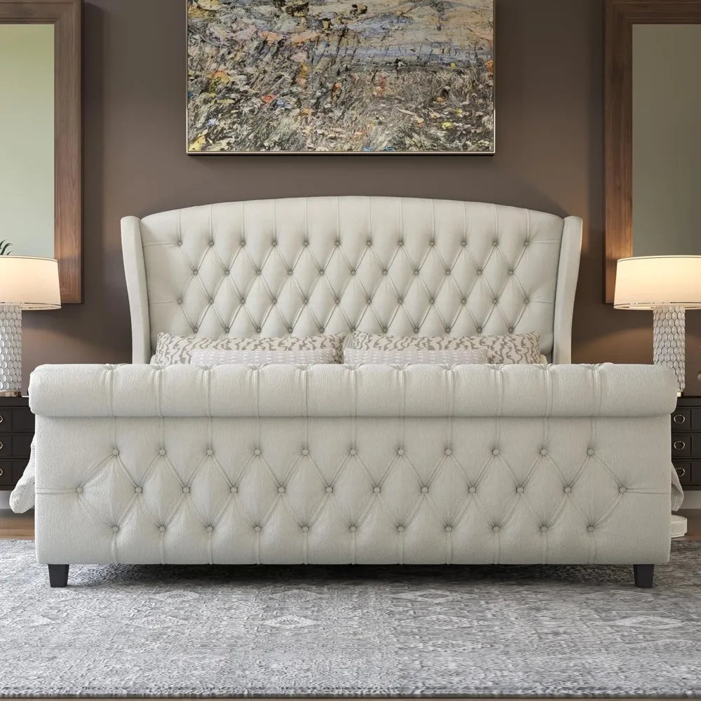 Platform Bed Frame With Scroll Wingback Headboard Footboard Velvet Upholstery