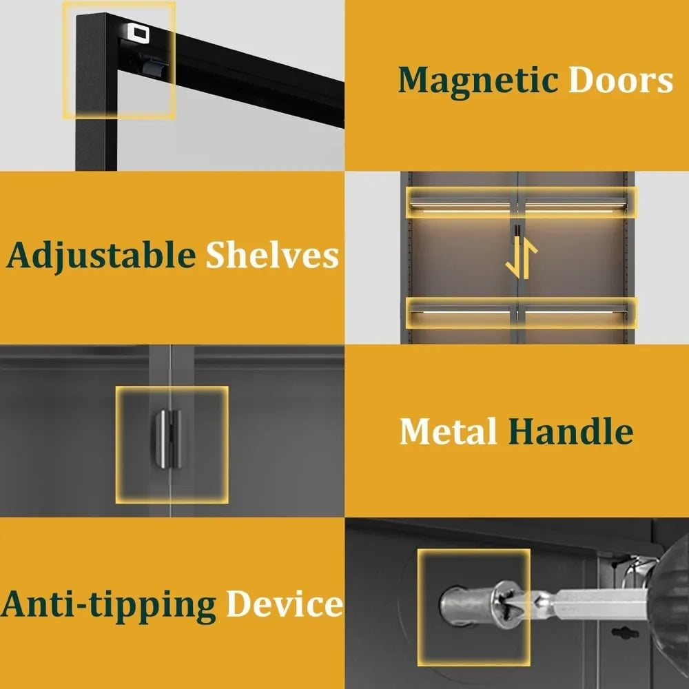 Display Cabinet with Glass Doors and LED Lights, Glass Display Case with 3 Adjustable Shelves,4 Tier of Storage Space Curio Cabi