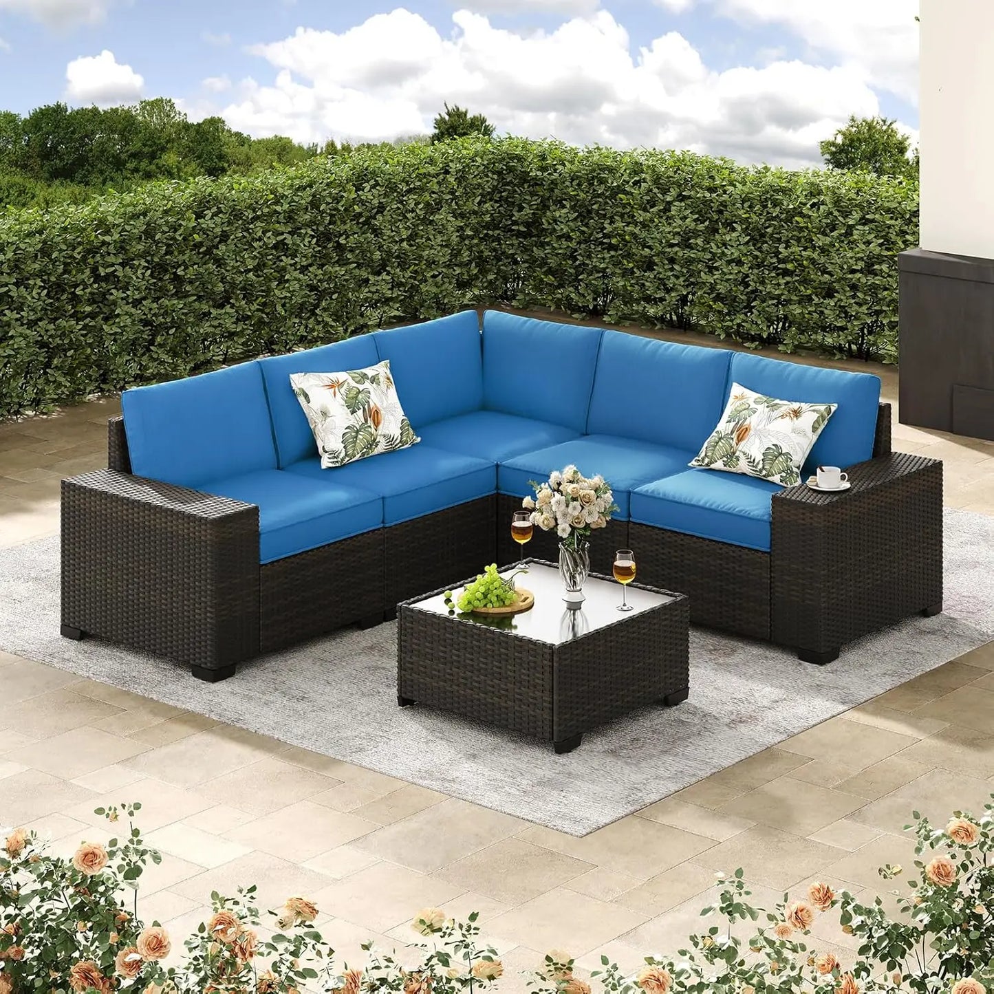 6-Piece Patio Furniture Set, All-Weather Outdoor Wicker Sectional Sofa with Cushions, Glass Table & Left and Right, Customized
