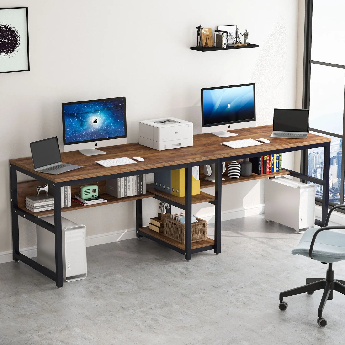 Tribesigns Two Person Desk With Bookshelf For Home Office Rustic
