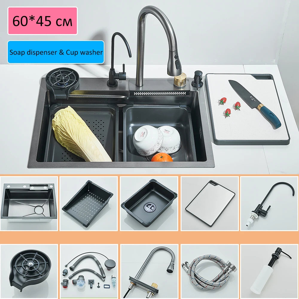 Quyanre 304 Stainless Steel Waterfall Kitchen Sink With Integrated Faucet Set Soap Dispenser Pure Water Cup Washer