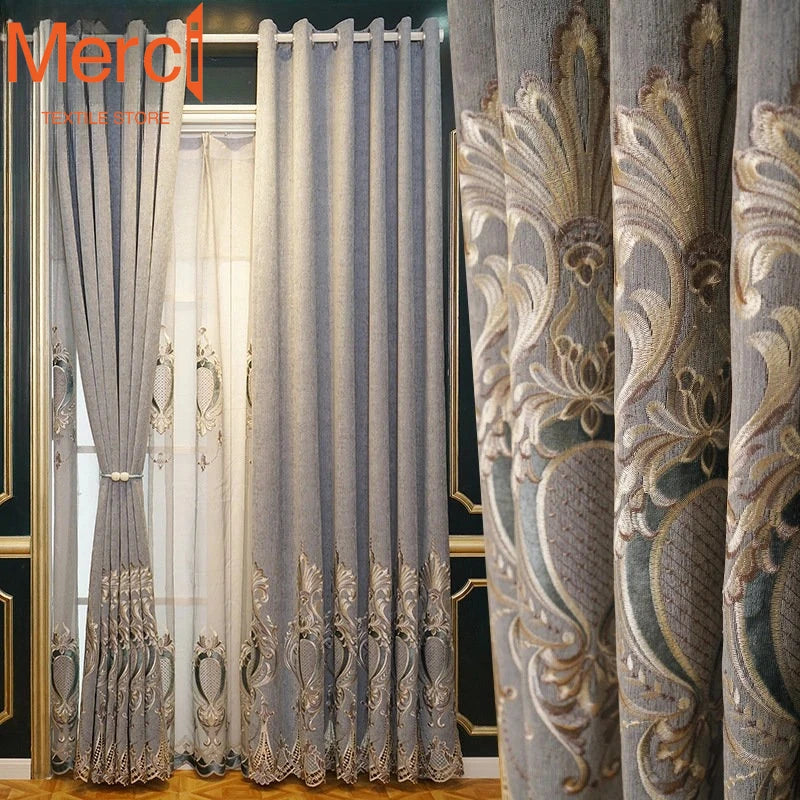 European Style Luxury Chenille Curtains for Living Room Bedroom Dining High Blackout Hollow Embroidered Window Drape Custom Size