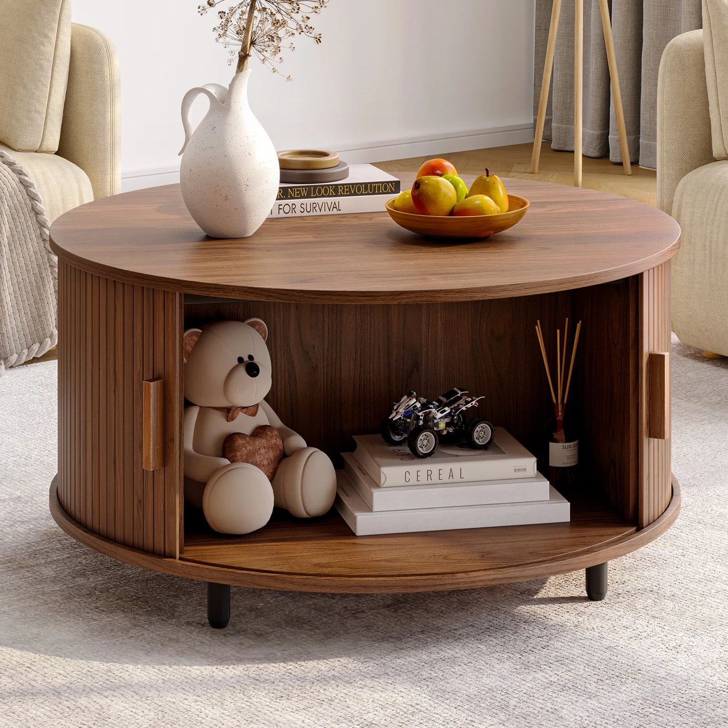 Round Coffee Table With Storage Fluted Wood Accent