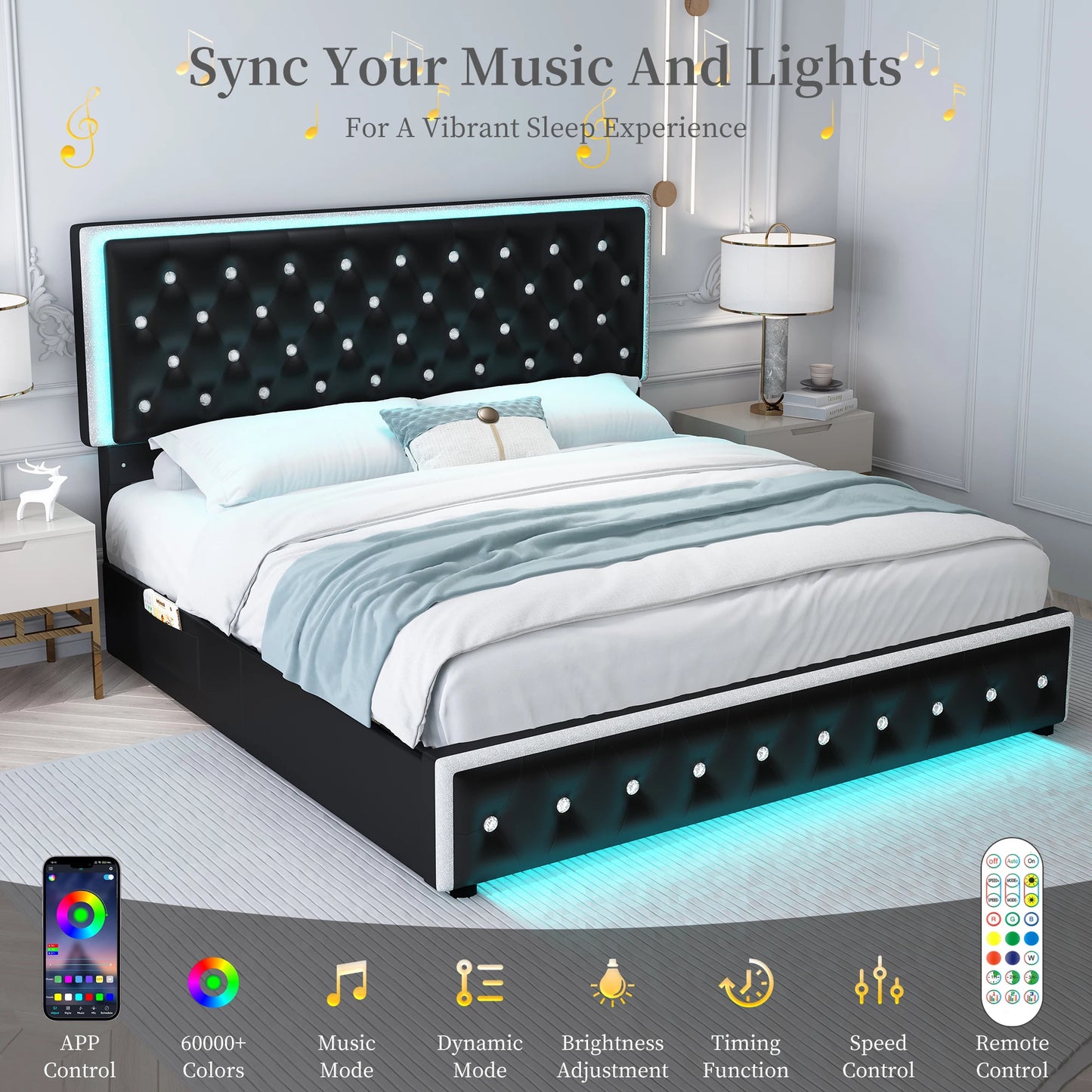 Led PU Bed Frame With 2 Drawers And Tufted Headboard