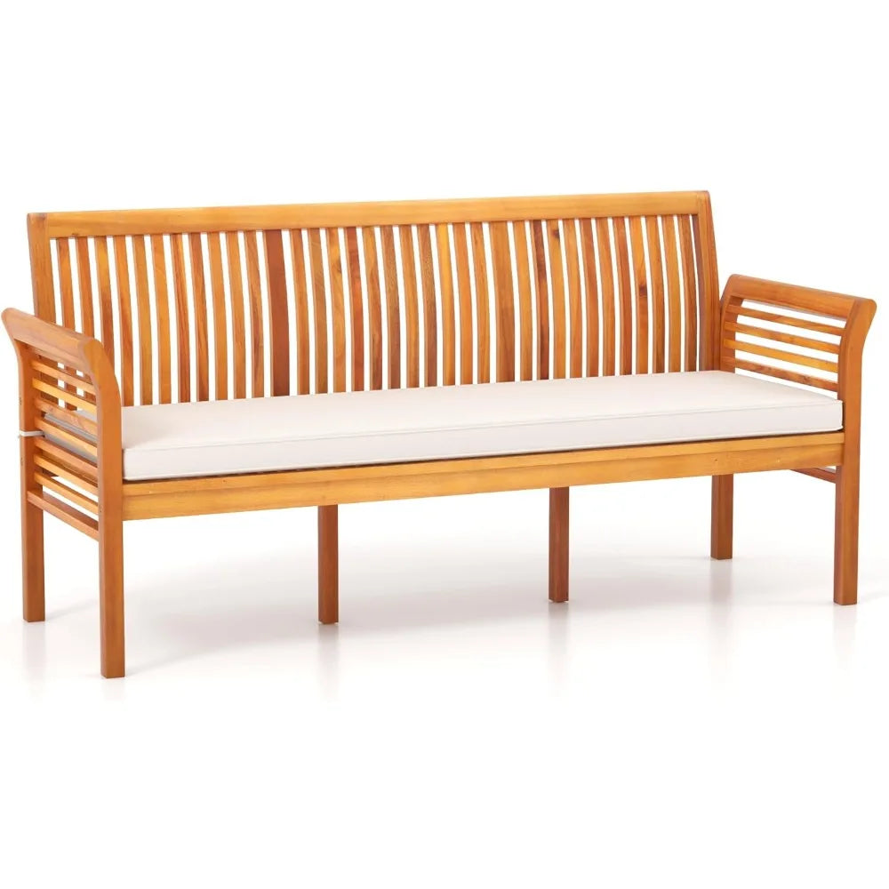 Tangkula 3-Seat Patio Acacia Wood Bench with Cushion, 62.5” Extra Long Outdoor Chair with Dense Slatted Backrest & Armrests, 120