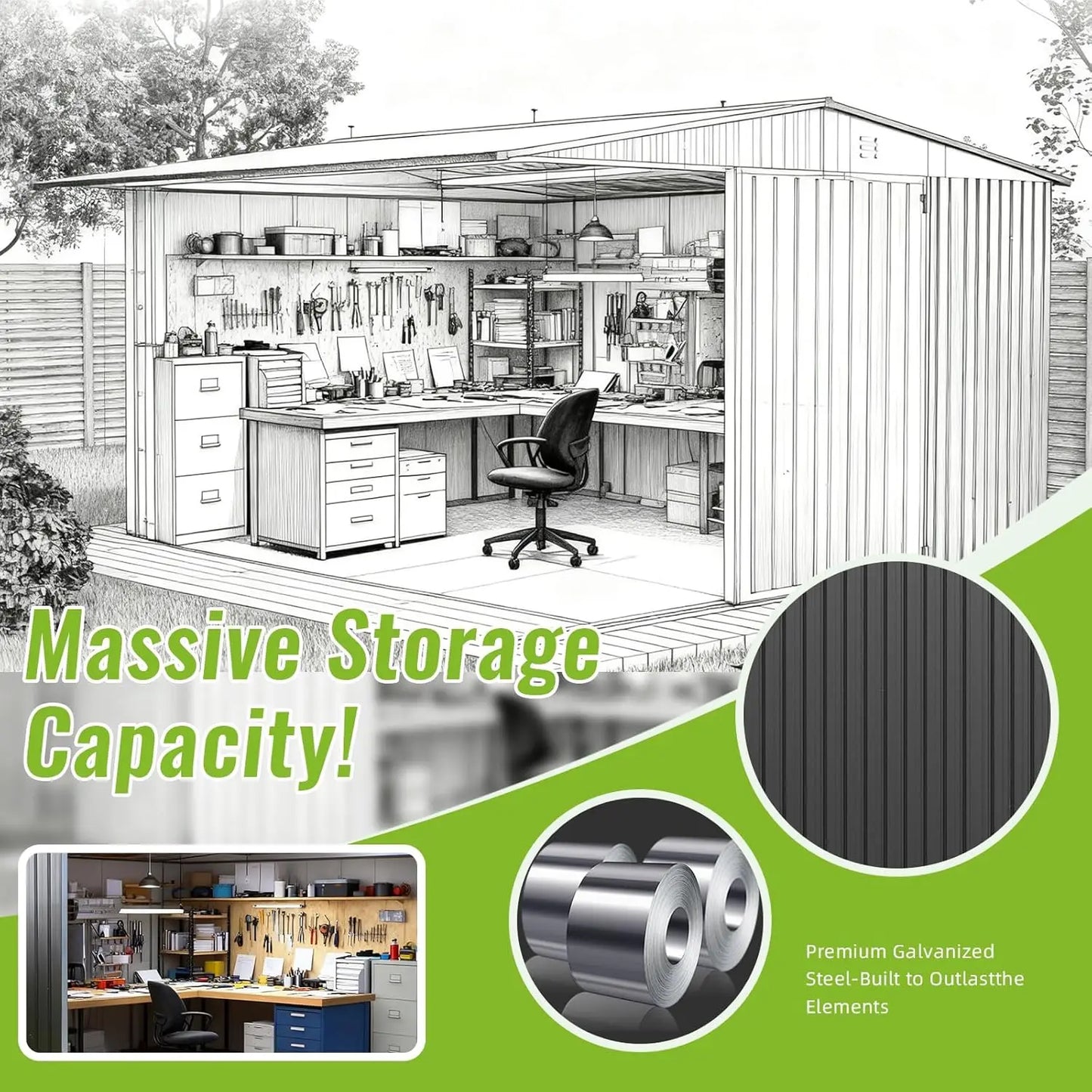 Outdoor Metal Storage Shed With Lockable Doors For Garden Tools