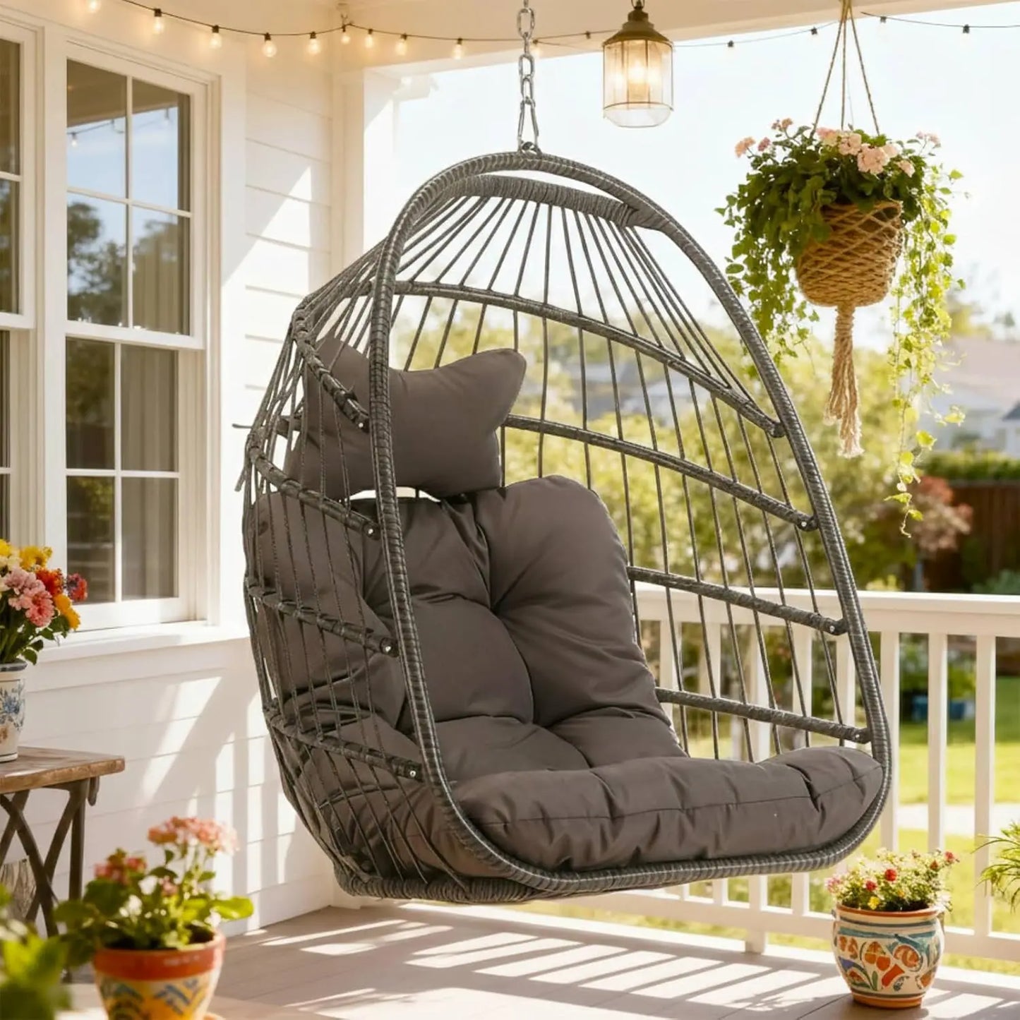 Outdoor Hanging Egg Chair Wicker Swing With Cushioned Seat