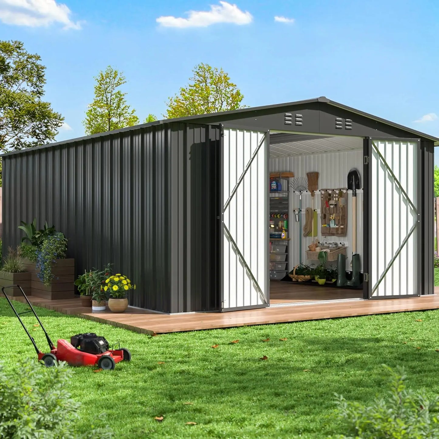 Outdoor Metal Storage Shed With Lockable Doors For Garden Tools