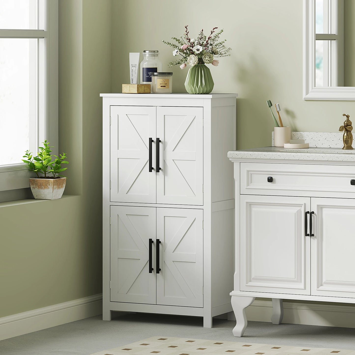 HOMCOM Farmhouse Bathroom Floor Cabinet With Barn Doors