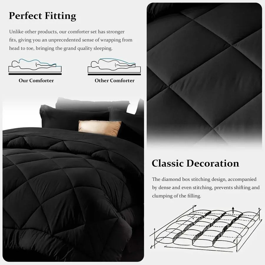 Queen Comforter Set Black Bed in a Bag Queen Size 8 Pieces, All Season Bed Set, Fluffy Comforter Set with Sheets, Sheet Set Quil