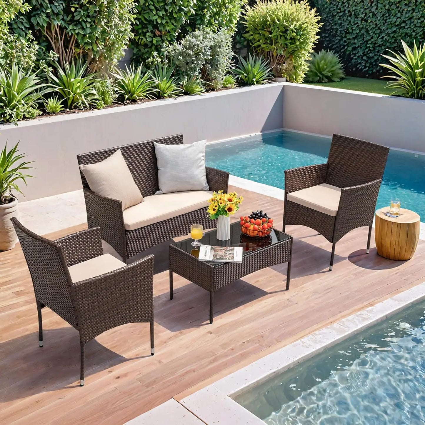 4 Pieces Outdoor Patio Furniture Sets Rattan Chair Wicker Set,Outdoor Indoor Use Backyard Porch Garden Poolside, Customized