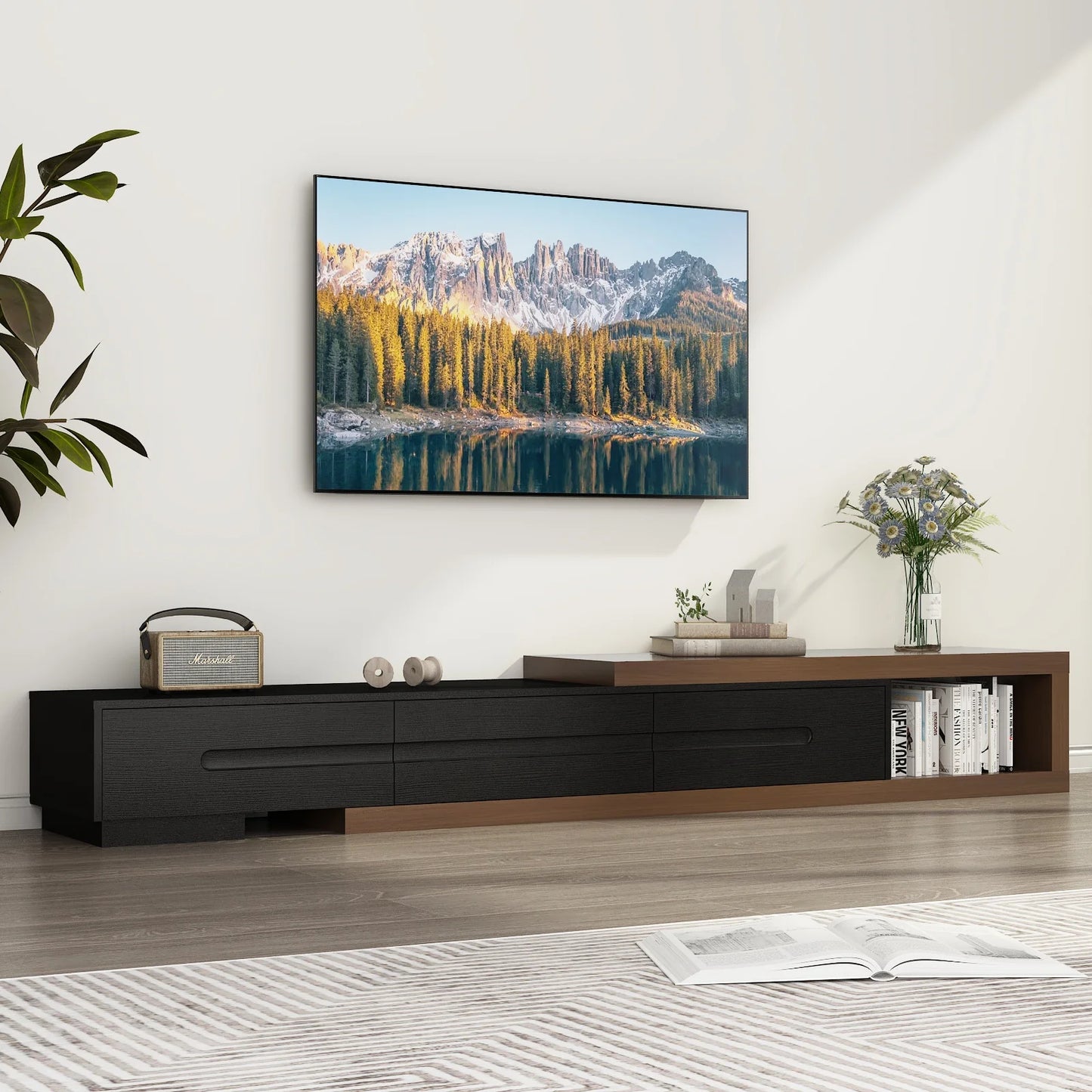 QiaoShiRen Extendable TV Stand Wood Media Console With Drawers