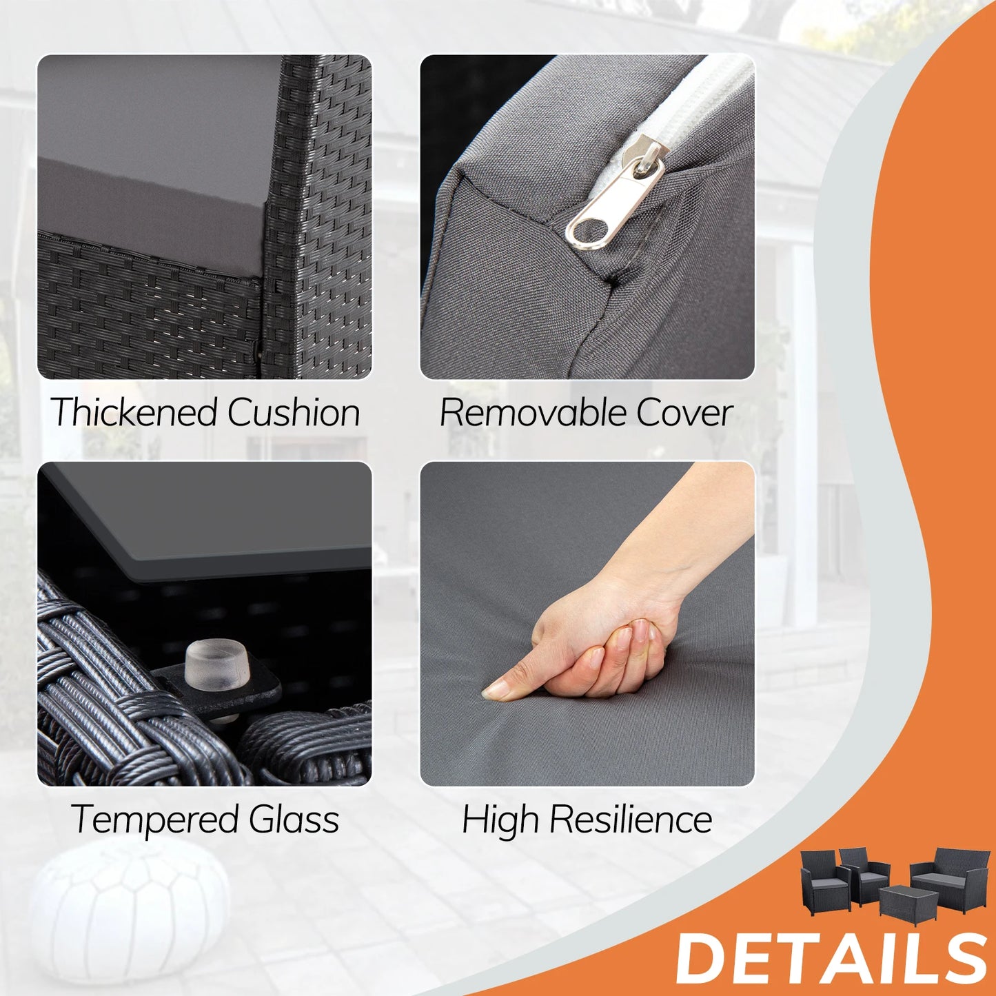 4 Piece Patio Furniture Set, Outdoor Wicker Conversation Sets, Rattan Sectional Sofa Couch with Coffee Table & Seat Cushions for