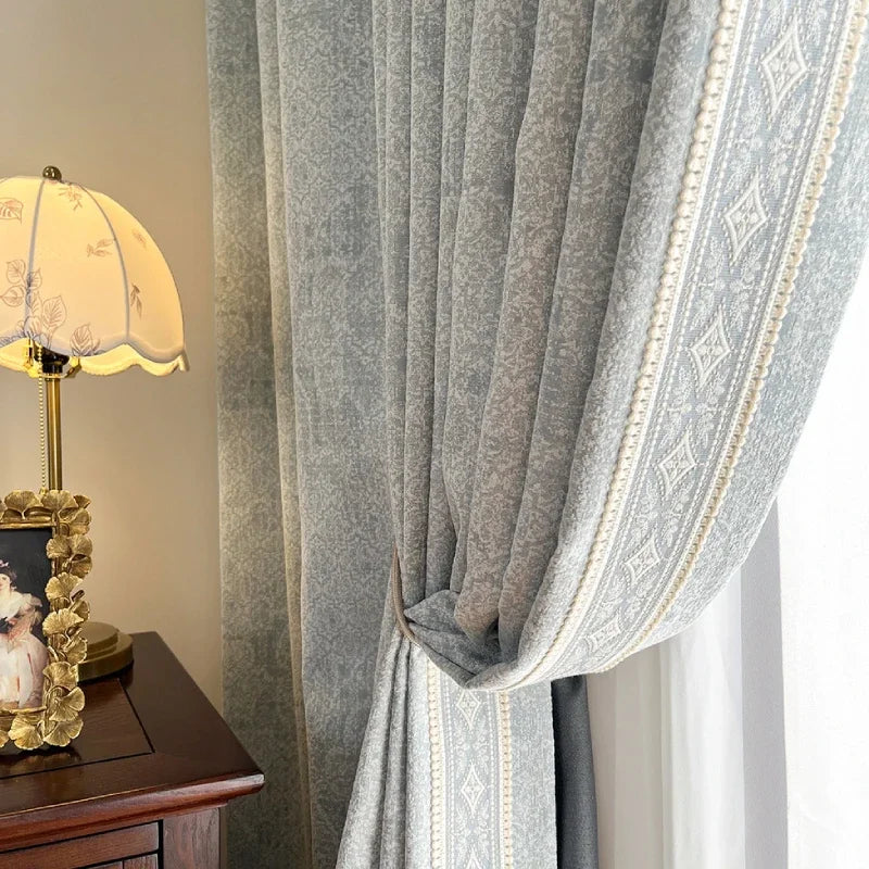 French Retro Dark Texture Chenille Grey Blue Lace Splicing Curtains for Bedroom Living Room French Window Balcony Customized