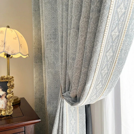 French Retro Dark Texture Chenille Grey Blue Lace Splicing Curtains for Bedroom Living Room French Window Balcony Customized